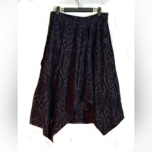 Ganni Black Eyelet, French Broderie Asymmetrical Midi Skirt, Elastic Waist, 12